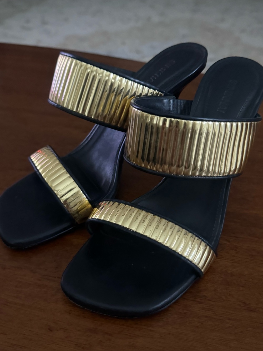 SIMKHAI Carter 95MM Textured Mules Black Gold Heels US 8 EU 38 3.75”